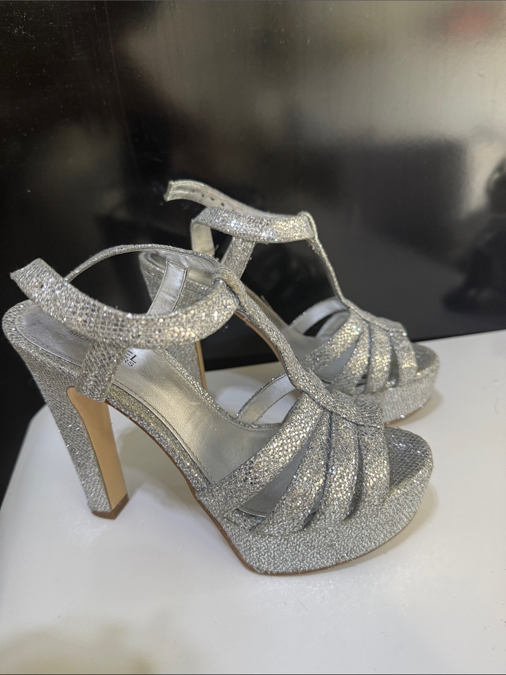 MICHAEL Michael Kors Silver Glitter Platform T-Strap Heels